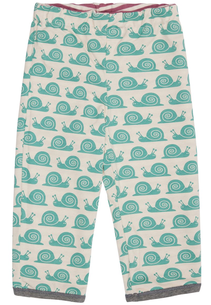 Pantaloni di cotone color crema chiaro con un motivo a lumache turchesi ripetitivo, con una vita elastica rosa e dettagli grigi all'orlo.
