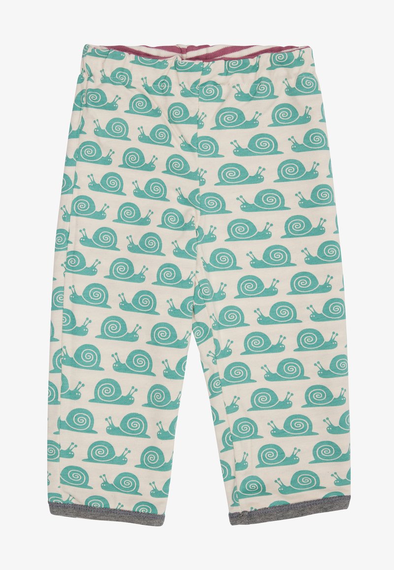 Lichtgekleurde katoenen broek met een herhalend teal slakkenpatroon, een roze elastische tailleband en grijze zoomaccenten.