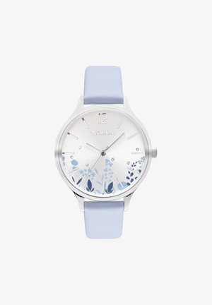 Runde silberne Armbanduhr mit hellblauem Lederarmband, minimalistischen Markierungen und blauem Blumendesign auf der unteren Hälfte des Zifferblatts.