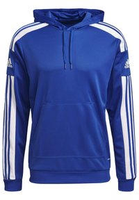 Sudadera azul de tejido suave, con rayas blancas a lo largo de las mangas y un bolsillo frontal. Incluye capucha con cordón y puños acanalados.