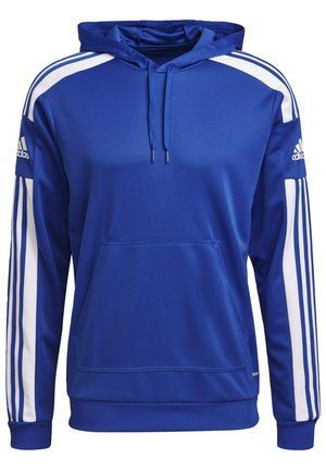 Blauer Kapuzenpullover aus glattem Stoff, mit weißen Streifen an den Ärmeln und einer Fronttasche. Enthält eine Kapuze mit Kordelzug und gerippte Bündchen.