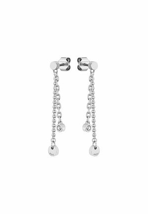 Srebrne kolczyki z łańcuszkiem, zakończone małymi okrągłymi kryształami oraz okrągłą zawieszką z wygrawerowanym napisem „BOSS”, zabezpieczone zapięciem na sztyfty z zatrzaskiem.