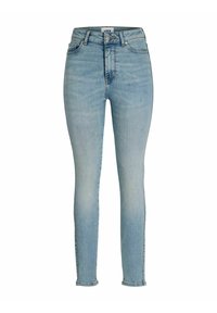 Jasnoniebieskie obcisłe jeansy wykonane z denimu, z wysokim stanem i standardowym, pięciokieszeniowym krojem z subtelnym blaknięciem i detalami przeszyć.