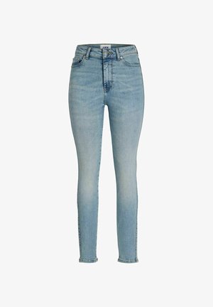 Hellblaue Skinny-Jeans aus Denim, mit hohem Bund und klassischem Fünf-Taschen-Design sowie dezenten Verwaschungen und Ziernähten.