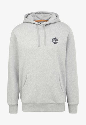 Sweat à capuche gris clair avec poche kangourou à l'avant, capuche réglable avec cordons et petit logo arbre noir sur la poitrine gauche.