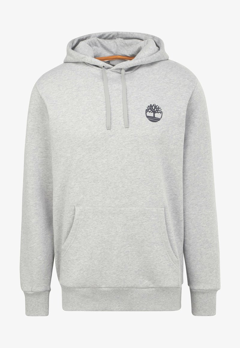 Sweat à capuche gris clair avec poche kangourou à l'avant, capuche réglable avec cordons et petit logo arbre noir sur la poitrine gauche.