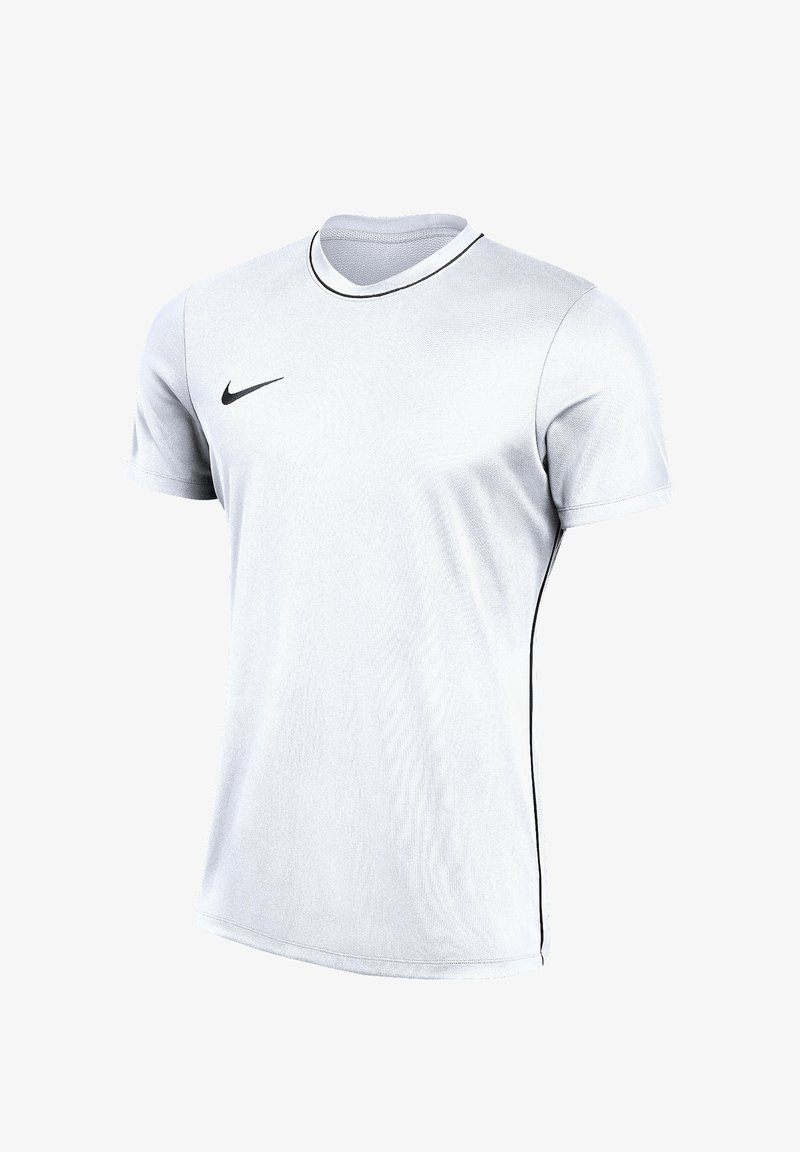 Camiseta deportiva blanca de manga corta de Nike con ribete negro en el cuello y los laterales, con un logo Nike Swoosh negro en el pecho.