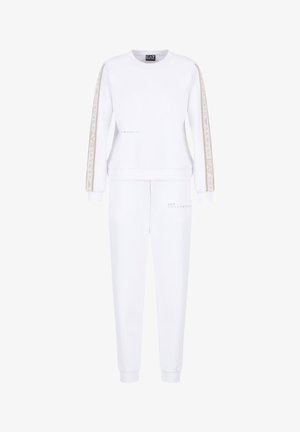 White sweatshirt and sweatpants set, featuring a crew neck, long sleeves, and beige accent stripes with logos on the sides.