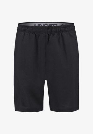 Czarne elastyczne spodenki z logo Under Armour widocznym na wewnętrznej części pasa, zaprojektowane do użytku sportowego.