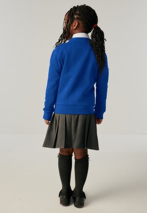 Kind mit geflochtenem Haar, blauen Pullover, weißem Kragen, grauem plissiertem Rock, dunklen knielangen Socken und schwarzen Schuhen, steht mit dem Rücken zur Kamera.