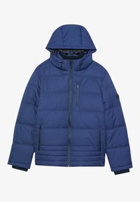Chaqueta acolchada de navy con capucha, paneles acolchados verticales, dos bolsillos laterales con cremallera y un bolsillo en el pecho con cremallera. Cuenta con puños elásticos.
