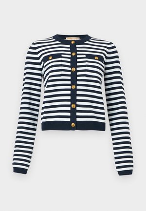 Cardigan à manches longues rayé bleu marine et blanc avec des boutons dorés sur le devant et sur les poches poitrine, col rond.