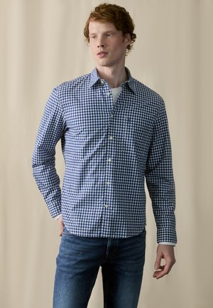 Blå og hvit rutete skjorte med lange ermer og knapp-ned krage, sammen med blåjeans. Stoffet ser glatt og lett ut.