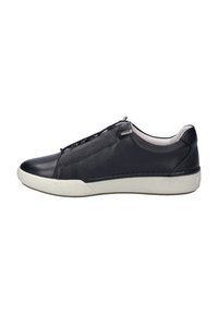 Schwarze Ledersneaker mit glatter Oberfläche, kontrastierender weißer Gummisohle und dezentem Schnürsystem. Verfügt über eine abgerundete Zehenpartie und minimalistisches Design.