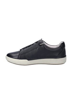 Black leather sneaker with a smooth finish, contrasting white rubber sole, and discreet lacing system. Features a rounded toe and minimalist design.