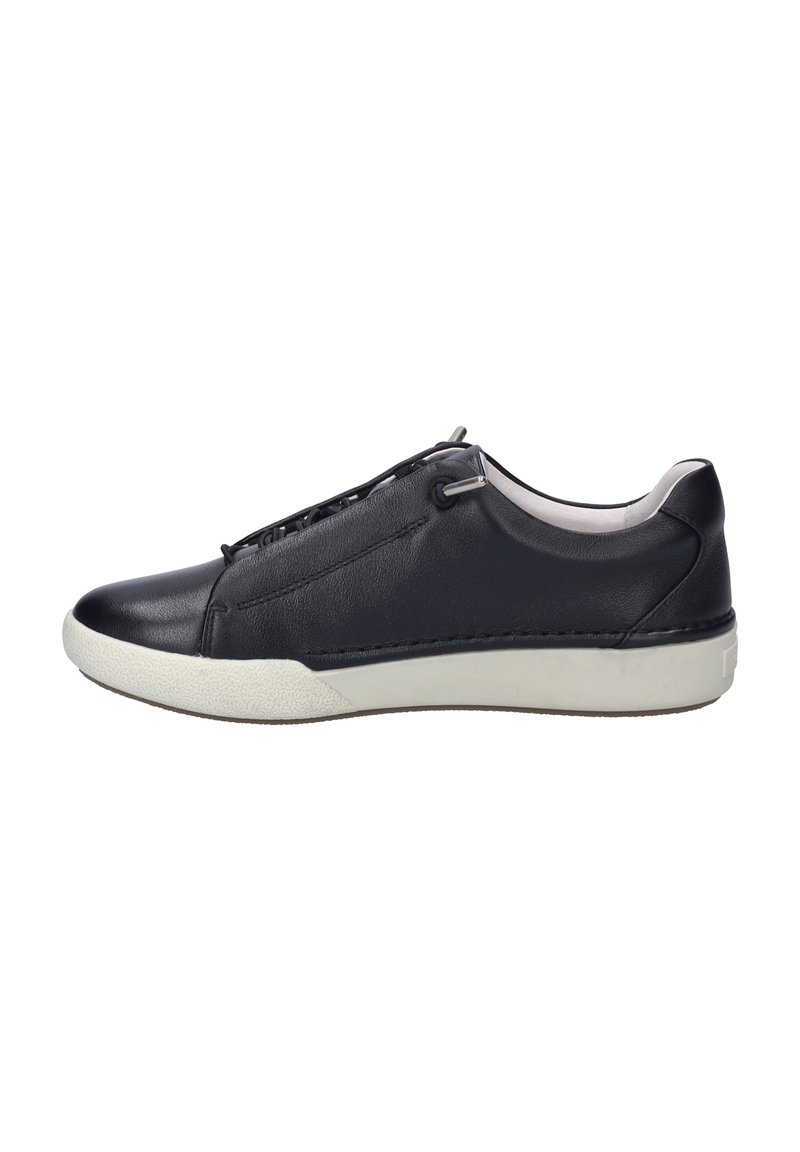 Schwarze Ledersneaker mit glatter Oberfläche, kontrastierender weißer Gummisohle und dezentem Schnürsystem. Verfügt über eine abgerundete Zehenpartie und minimalistisches Design.