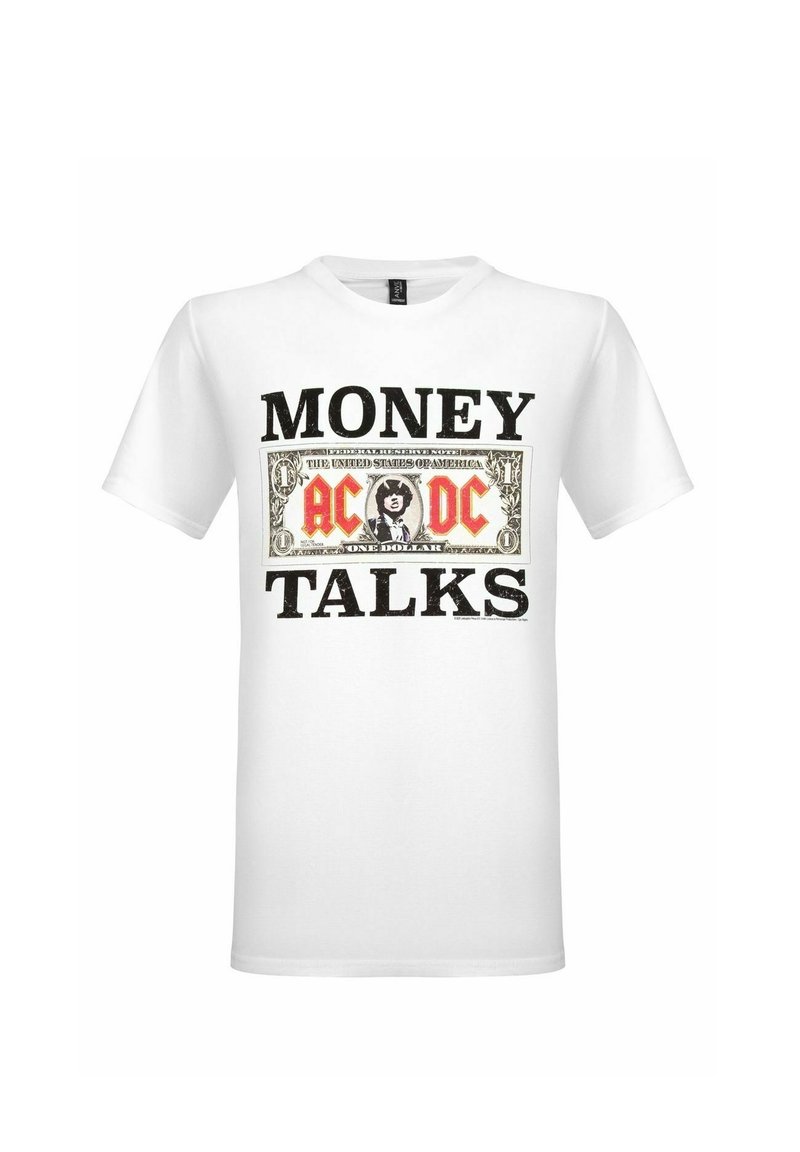 Hvit bomulls T-skjorte med grafisk design og svart tekst "MONEY TALKS" og AC/DC-logo, sentrert på en bakgrunn av en dollarregning.