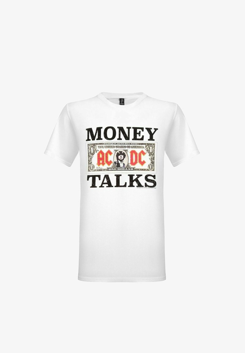 Hvit bomulls T-skjorte med grafisk design og svart tekst "MONEY TALKS" og AC/DC-logo, sentrert på en bakgrunn av en dollarregning.