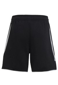 Zwarte sportshorts met een elastische tailleband, voorzien van grijze zijstreepjes en een zachte, ademende stof. Geen zichtbare zakken.