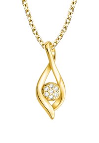 Guldringhalskæde med et snoet design, der har en cirkulær klynge af seks klare sten i midten. Kædelinkdetalje synlig.