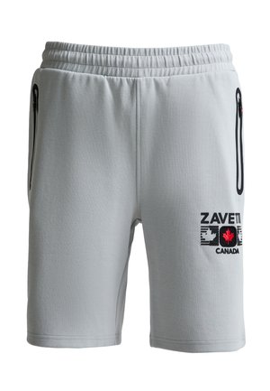 Lichtgrijze sportshorts met elastische tailleband, zwarte ritszakken aan de zijkanten en "ZAVETTI CANADA" logo met rood esdoornblad op het rechterbeen.