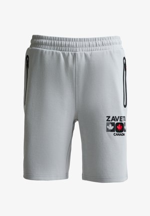 Light gray athletic shorts with elastic waistband, black zippered side pockets, and "ZAVETTI CANADA" logo with red maple leaf on right leg.