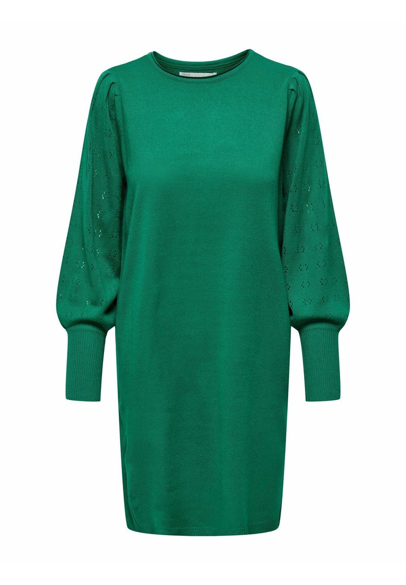 Grön klänning med rundad halsringning, långa puffärmar med hålmönster och en figursydd kropp som smalnar av vid fållen.
