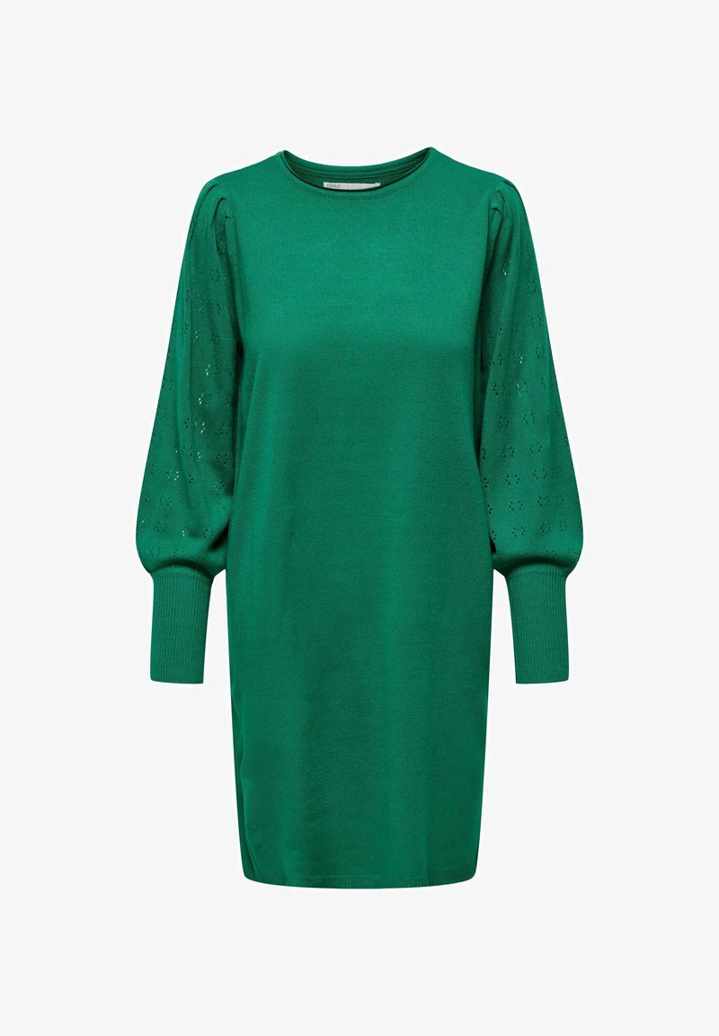 Robe verte avec un décolleté arrondi, de longues manches bouffantes présentant des motifs à œillets, et un corps ajusté qui s'effile au niveau de l'ourlet.