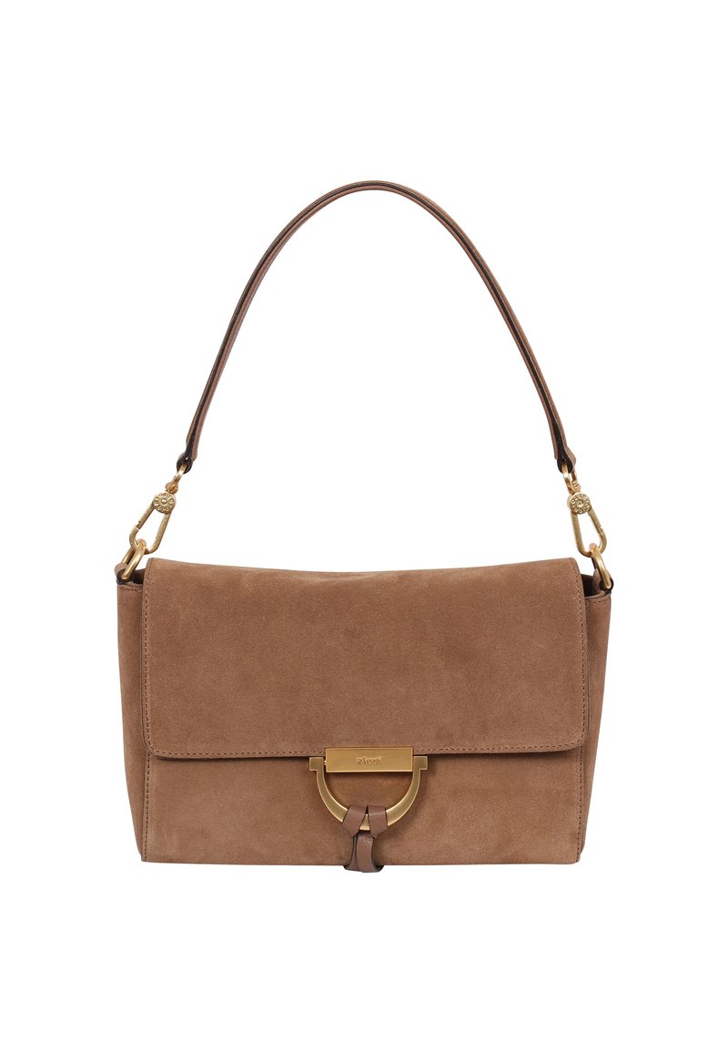 Brown suede handbag with a flap closure, gold hardware accents, a circular clasp, and a single shoulder strap. Smooth texture.