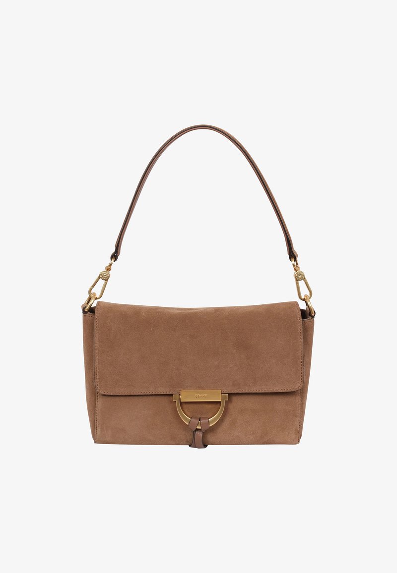 Brown suede handbag with a flap closure, gold hardware accents, a circular clasp, and a single shoulder strap. Smooth texture.