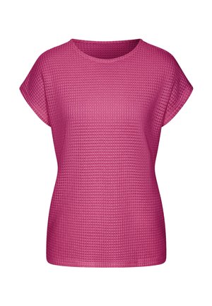 Short-sleeve, bright pink textured knit top with a round neckline and relaxed fit, displayed on a white background.