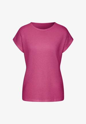 Short-sleeve, bright pink textured knit top with a round neckline and relaxed fit, displayed on a white background.