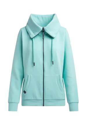 Light mint green zip-up hoodie with a large collar, two front pockets, drawstring, ribbed cuffs, and branding detail on the hem.