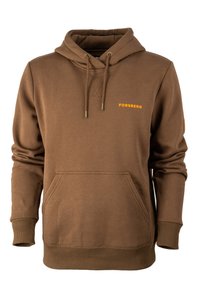 Felpa marrone con tasca frontale, cappuccio con cordino e testo arancione "FORSBERG". Morbido al tatto, con polsini e vita a costine.