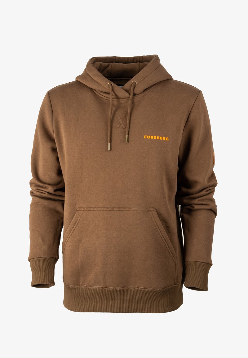Bruine hoodie met een voorzak, een capuchon met aansnoerkoord en oranje "FORSBERG" tekst. Zachte textuur met ribgebreide manchetten en tailleband.