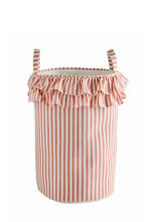 Fabric laundry basket with vertical pink and white stripes, two handles, and a ruffled trim around the top edge.