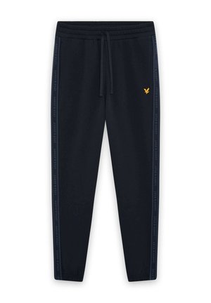 Pantaloni della tuta color blu navy a gamba stretta con vita elastica, coulisse, strisce laterali con il testo "Lyle & Scott" e piccolo logo di aquila gialla sulla coscia destra.