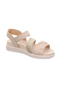 Beige Sandale mit gekreuzten Riemen, elastischem Band, offenem Zehenbereich, gepolsterter Innensohle und weißer strukturiertem Sohle für besseren Halt.
