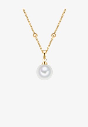 Zlatý náhrdelník s veľkým, okrúhlym bielym perlovým príveskom s hladkým povrchom a malým zlatým detailom na vrchu.