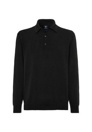 Camisa polo negra de manga larga hecha de un tejido de punto, con un cuello y una tapeta de tres botones. Acabado texturizado con puños acanalados.