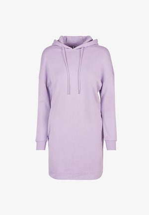 Lilla kapuutsweater pikade varrukatega, soonikkoesega ja nööridega. Valmistatud pehmest kangast, millel on mugav lõige ja külgaugud.