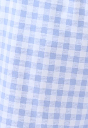 Blue and white gingham check fabric with evenly spaced squares in a repeating pattern, slightly textured and soft appearance.