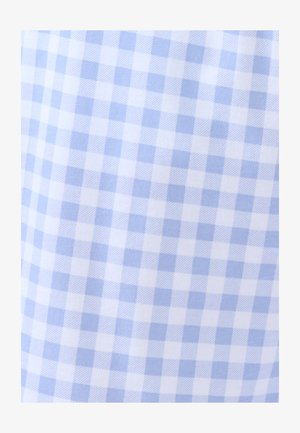 Blue and white gingham check fabric with evenly spaced squares in a repeating pattern, slightly textured and soft appearance.