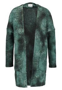 Cardigan lungo e aperto davanti in verde scuro e nero. Tessuto morbido e testurizzato con un motivo marmorizzato, dotato di due tasche anteriori e spalle scese.