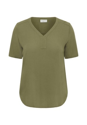 Top verde măsliniu cu mâneci scurte, decolteu în V și pată scurtă, având o textură netedă și tiv curbat pentru un croi confortabil.