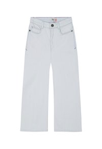 Lichtblauwe broek met wijde pijpen, met een knoopsluiting, vijf zakken en subtiele paarse stikdetails. Gemaakt van denimstof met een gladde textuur.