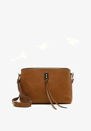 Brown textured leather handbag with a rectangular shape, gold-tone hardware, and two decorative tassels attached to the front.