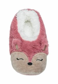 Pantofole rosa morbide con design di volpe, dotate di un morbido rivestimento bianco, dettagli facciali ricamati e pelliccia sintetica texturizzata all'esterno.