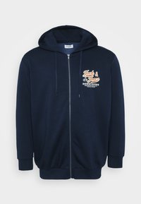 Navy zip-up hoodie with a front kangaroo pocket, adjustable drawstring hood, and a printed logo on the chest in orange and white.