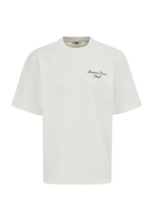 Weißes T-Shirt mit kurzen Ärmeln und dem Schriftzug "Leisure Court Club" in Schreibschrift auf der linken Brust, mit Rundhalsausschnitt und lockerem Schnitt.